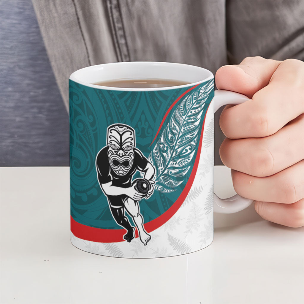 Personalised Aotearoa Lawn Bowls Ceramic Mug Maori Warrior and Silver Fern Sporty Style Teal LT03 - Polynesian Pride