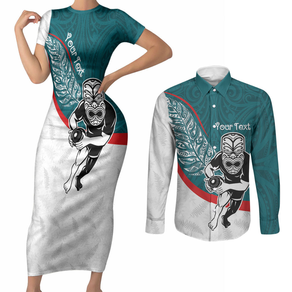 Personalised Aotearoa Lawn Bowls Couples Matching Short Sleeve Bodycon Dress and Long Sleeve Button Shirt Maori Warrior and Silver Fern Sporty Style Teal LT03 Teal - Polynesian Pride