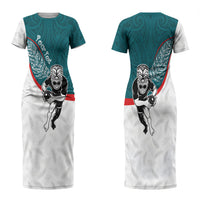 Personalised Aotearoa Lawn Bowls Couples Matching Short Sleeve Bodycon Dress and Long Sleeve Button Shirt Maori Warrior and Silver Fern Sporty Style Teal LT03 - Polynesian Pride