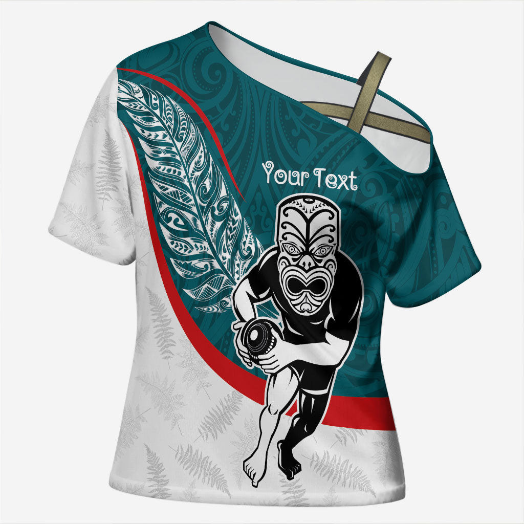 Personalised Aotearoa Lawn Bowls Cross Shoulder Shirt Maori Warrior and Silver Fern Sporty Style Teal