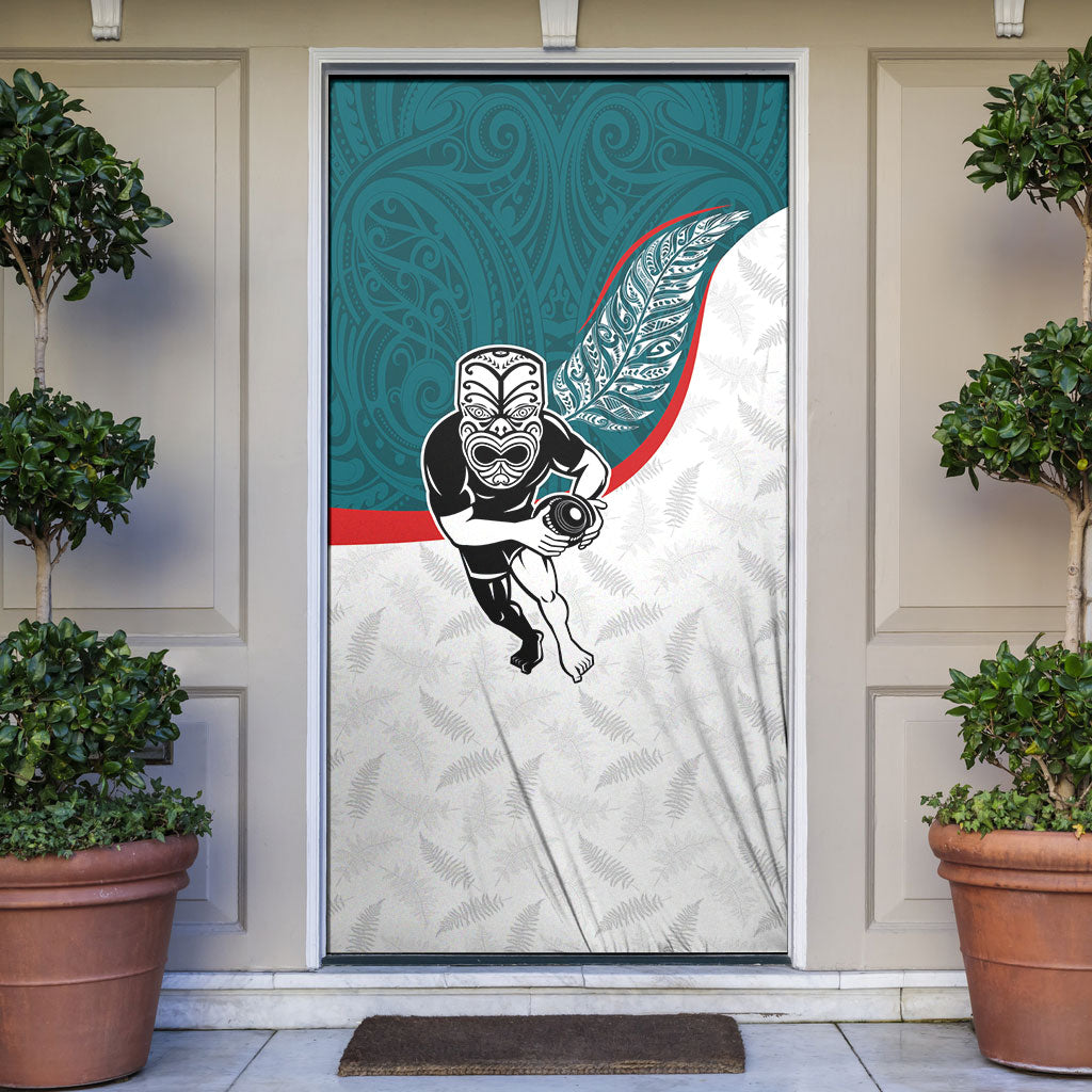 Aotearoa Lawn Bowls Door Cover Maori Warrior and Silver Fern Sporty Style Teal