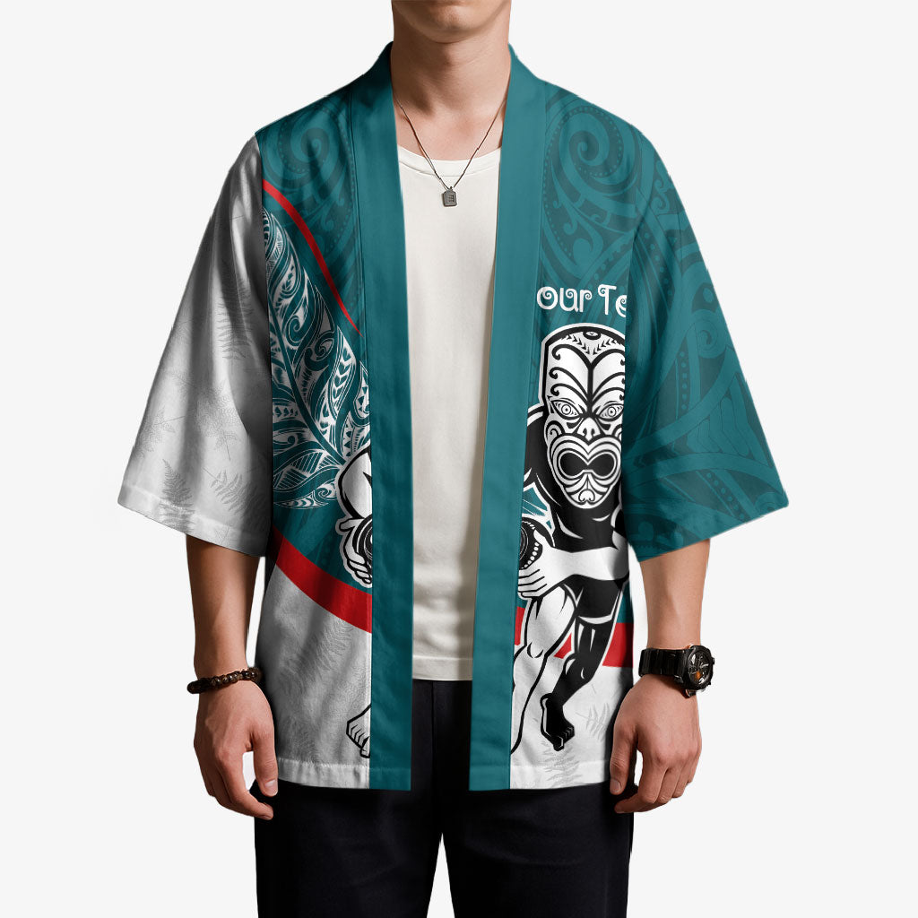 Personalised Aotearoa Lawn Bowls Kimono Maori Warrior and Silver Fern Sporty Style Teal LT03 - Polynesian Pride