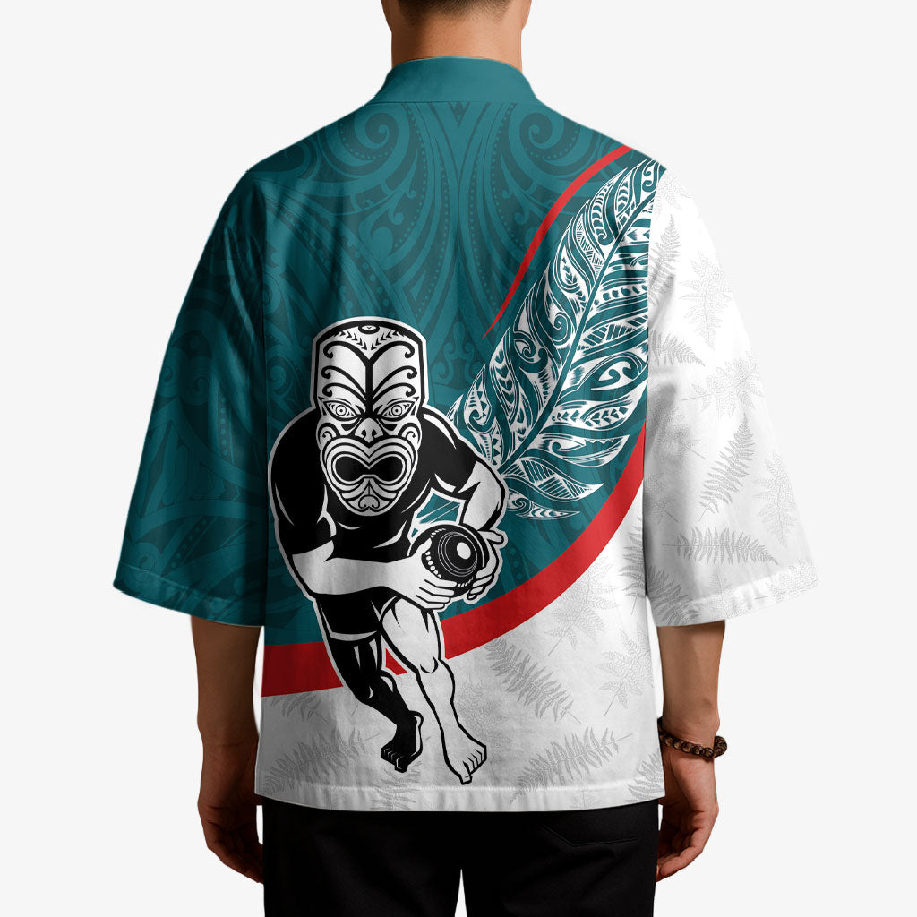 Personalised Aotearoa Lawn Bowls Kimono Maori Warrior and Silver Fern Sporty Style Teal LT03 - Polynesian Pride