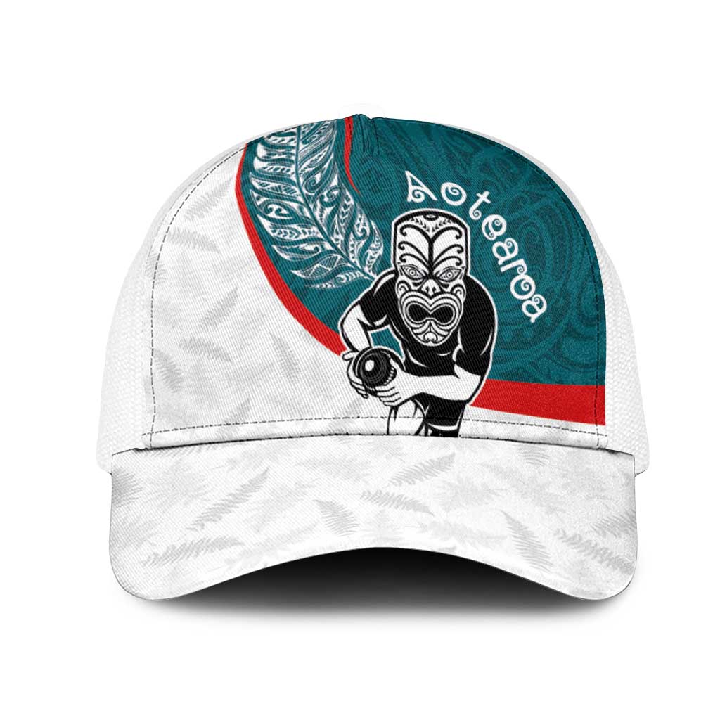 Aotearoa Lawn Bowls Mesh Trucker Cap Maori Warrior and Silver Fern Sporty Style Teal