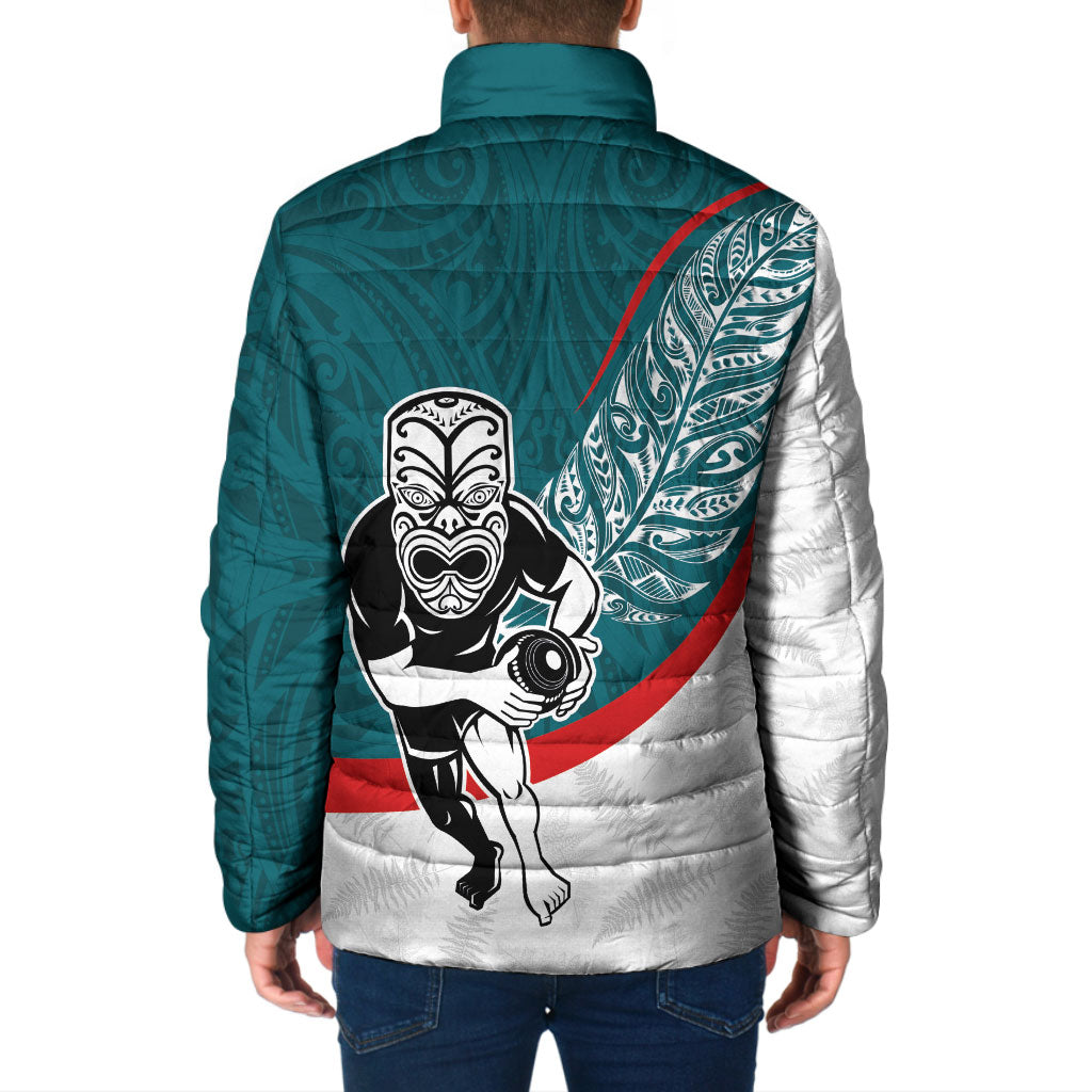 Personalised Aotearoa Lawn Bowls Padded Jacket Maori Warrior and Silver Fern Sporty Style Teal LT03 - Polynesian Pride