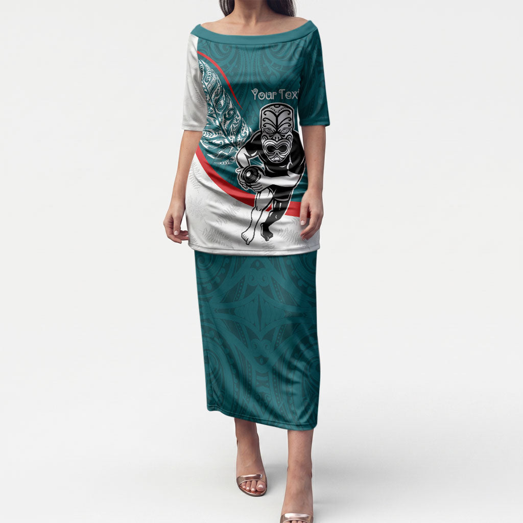 Personalised Aotearoa Lawn Bowls Puletasi Maori Warrior and Silver Fern Sporty Style Teal LT03 Long Dress Teal - Polynesian Pride