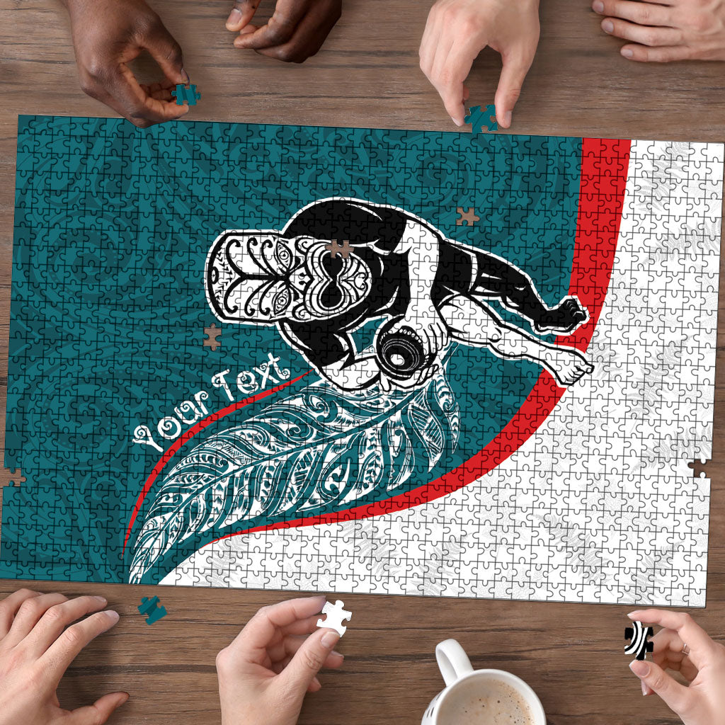 Personalised Aotearoa Lawn Bowls Puzzle Maori Warrior and Silver Fern Sporty Style Teal LT03 - Polynesian Pride