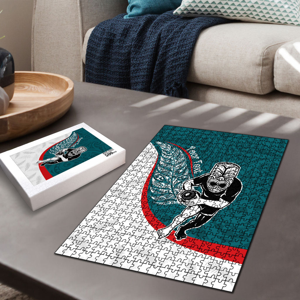 Personalised Aotearoa Lawn Bowls Puzzle Maori Warrior and Silver Fern Sporty Style Teal LT03 - Polynesian Pride