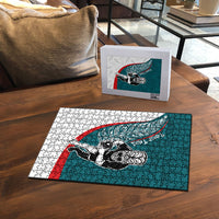 Personalised Aotearoa Lawn Bowls Puzzle Maori Warrior and Silver Fern Sporty Style Teal LT03 - Polynesian Pride