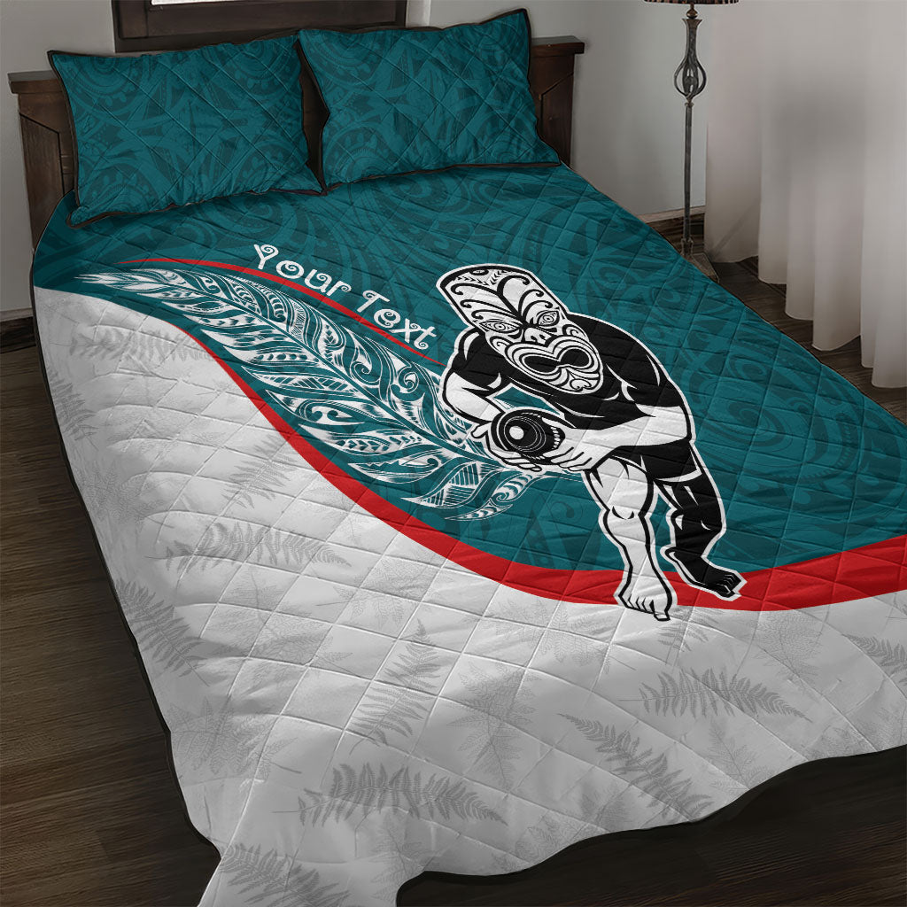 Personalised Aotearoa Lawn Bowls Quilt Bed Set Maori Warrior and Silver Fern Sporty Style Teal LT03 Teal - Polynesian Pride