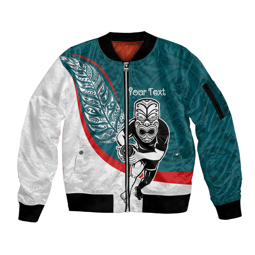 Personalised Aotearoa Lawn Bowls Sleeve Zip Bomber Jacket Maori Warrior and Silver Fern Sporty Style Teal LT03 Unisex Teal - Polynesian Pride