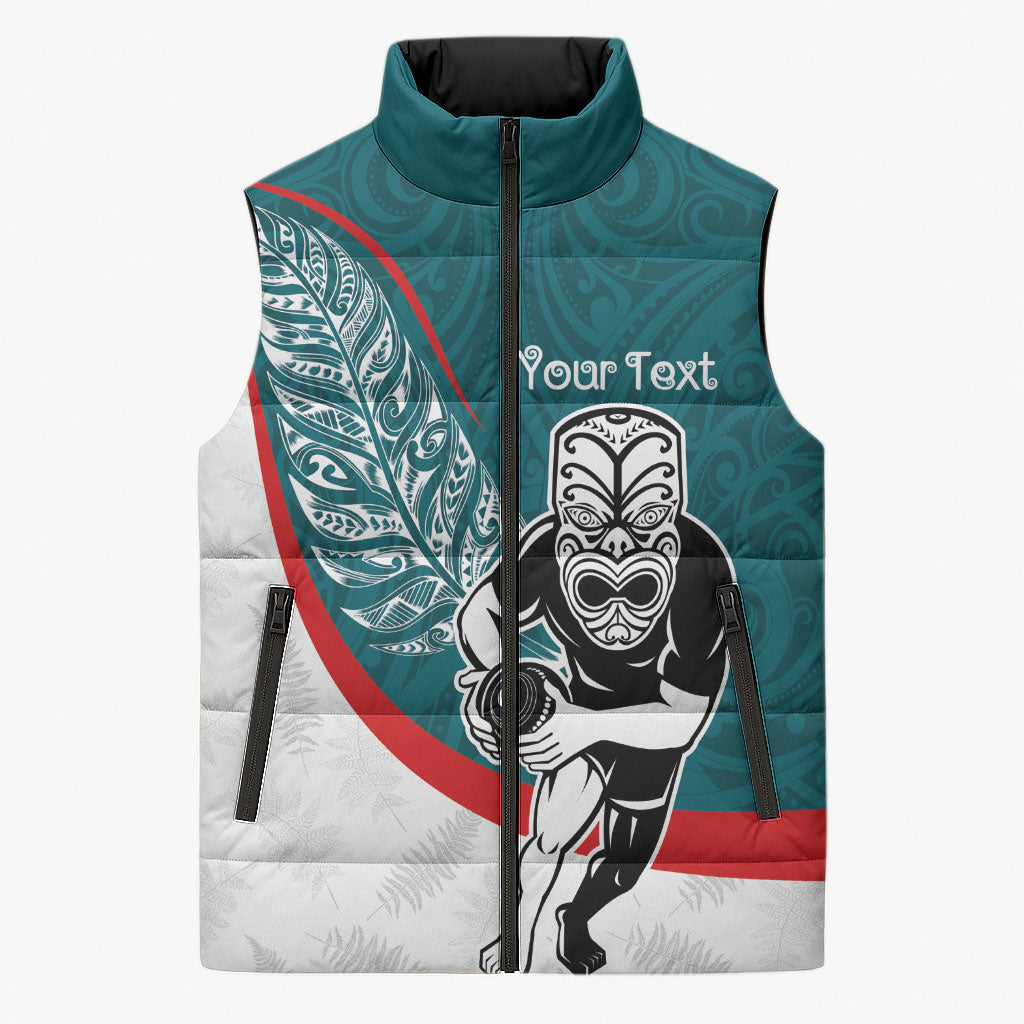 Personalised Aotearoa Lawn Bowls Sleeveless Puffer Jacket Maori Warrior and Silver Fern Sporty Style Teal