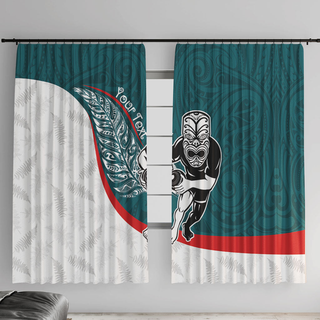 Personalised Aotearoa Lawn Bowls Window Curtain Maori Warrior and Silver Fern Sporty Style Teal LT03 With Hooks Teal - Polynesian Pride