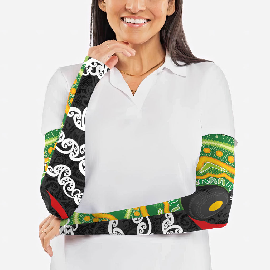 Personalised Aotearoa and Australia Lawn Bowls Arm Sleeves Maori Fern and Aboriginal Pattern