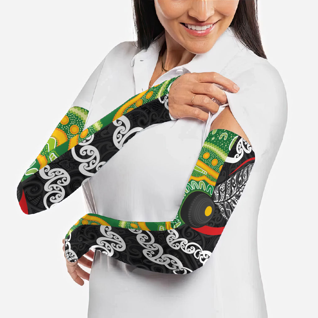 Personalised Aotearoa and Australia Lawn Bowls Arm Sleeves Maori Fern and Aboriginal Pattern