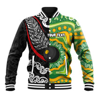 Personalised Aotearoa and Australia Lawn Bowls Baseball Jacket Maori Fern and Aboriginal Pattern