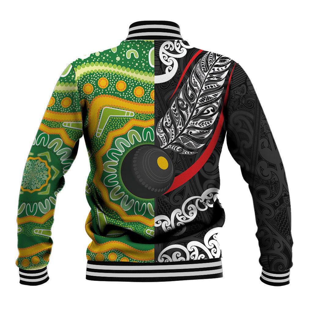 Personalised Aotearoa and Australia Lawn Bowls Baseball Jacket Maori Fern and Aboriginal Pattern