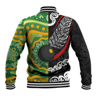 Personalised Aotearoa and Australia Lawn Bowls Baseball Jacket Maori Fern and Aboriginal Pattern