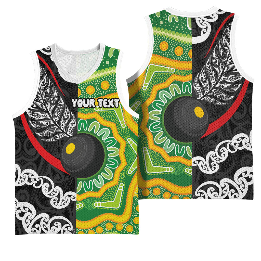 Personalised Aotearoa and Australia Lawn Bowls Basketball Jersey Maori Fern and Aboriginal Pattern LT03 - Polynesian Pride