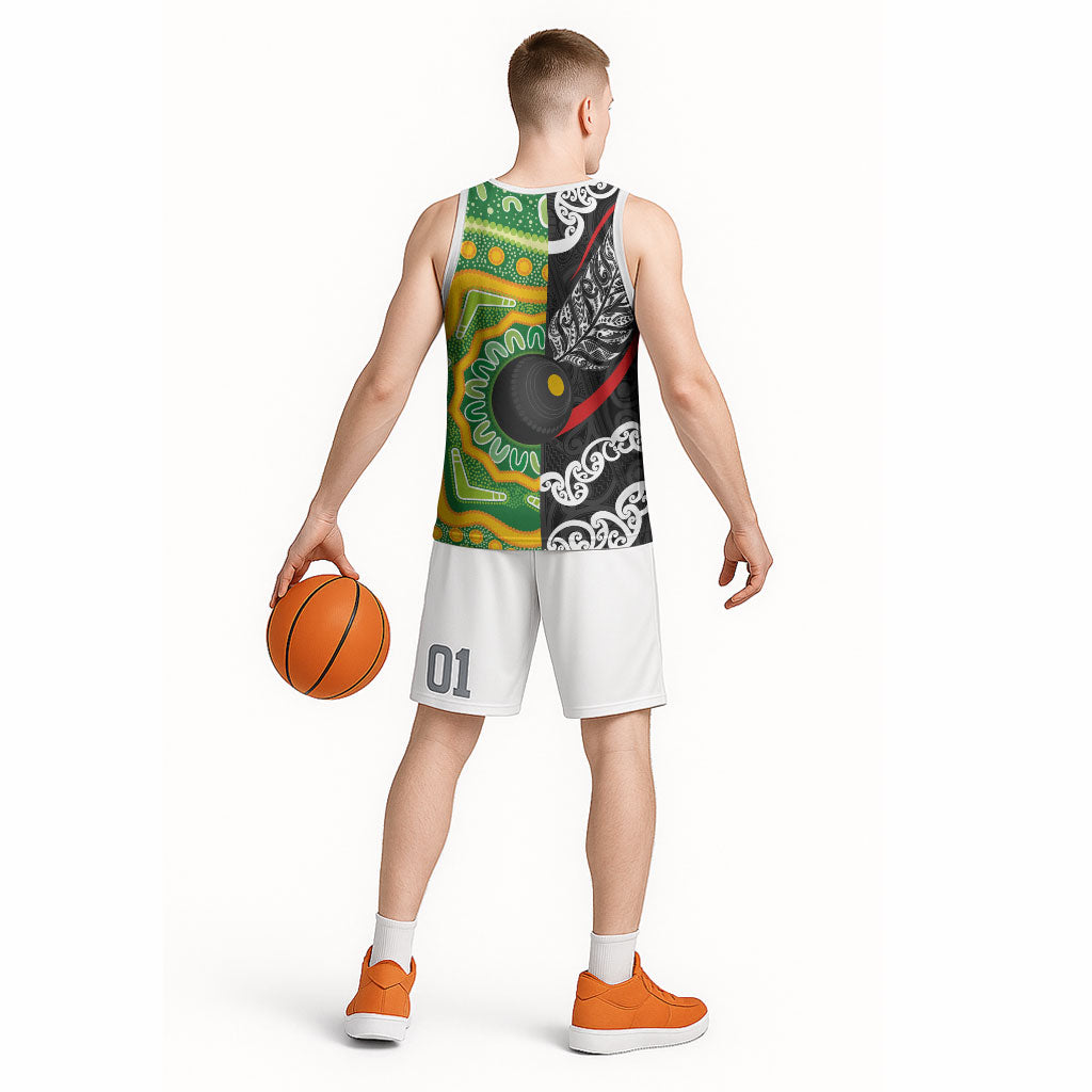 Personalised Aotearoa and Australia Lawn Bowls Basketball Jersey Maori Fern and Aboriginal Pattern LT03 - Polynesian Pride