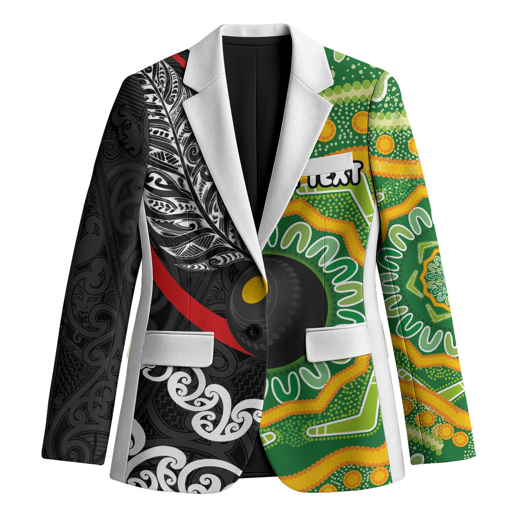 Personalised Aotearoa and Australia Lawn Bowls Blazer Maori Fern and Aboriginal Pattern