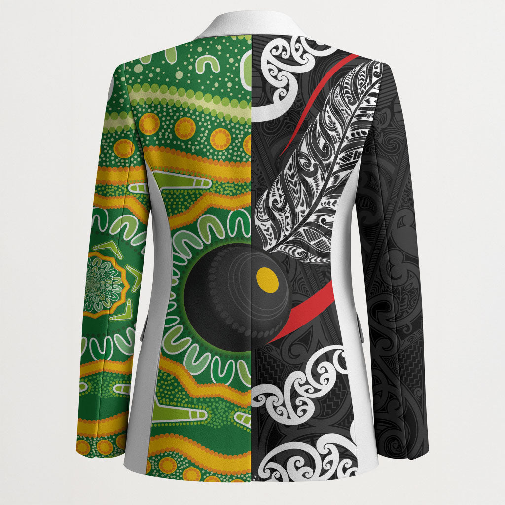 Personalised Aotearoa and Australia Lawn Bowls Blazer Maori Fern and Aboriginal Pattern