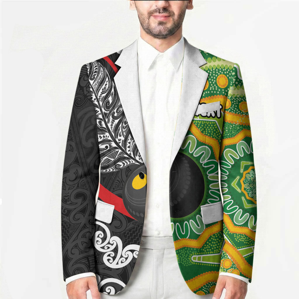 Personalised Aotearoa and Australia Lawn Bowls Blazer Maori Fern and Aboriginal Pattern