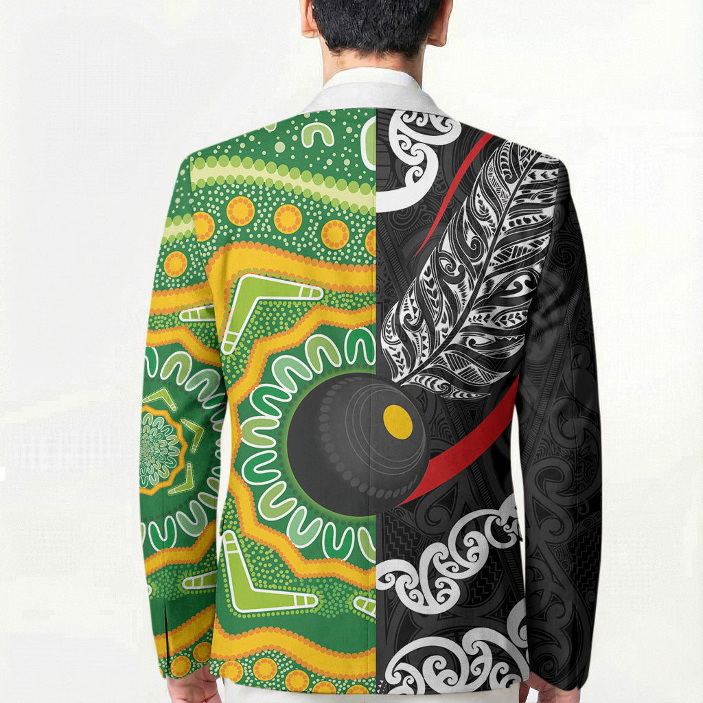 Personalised Aotearoa and Australia Lawn Bowls Blazer Maori Fern and Aboriginal Pattern