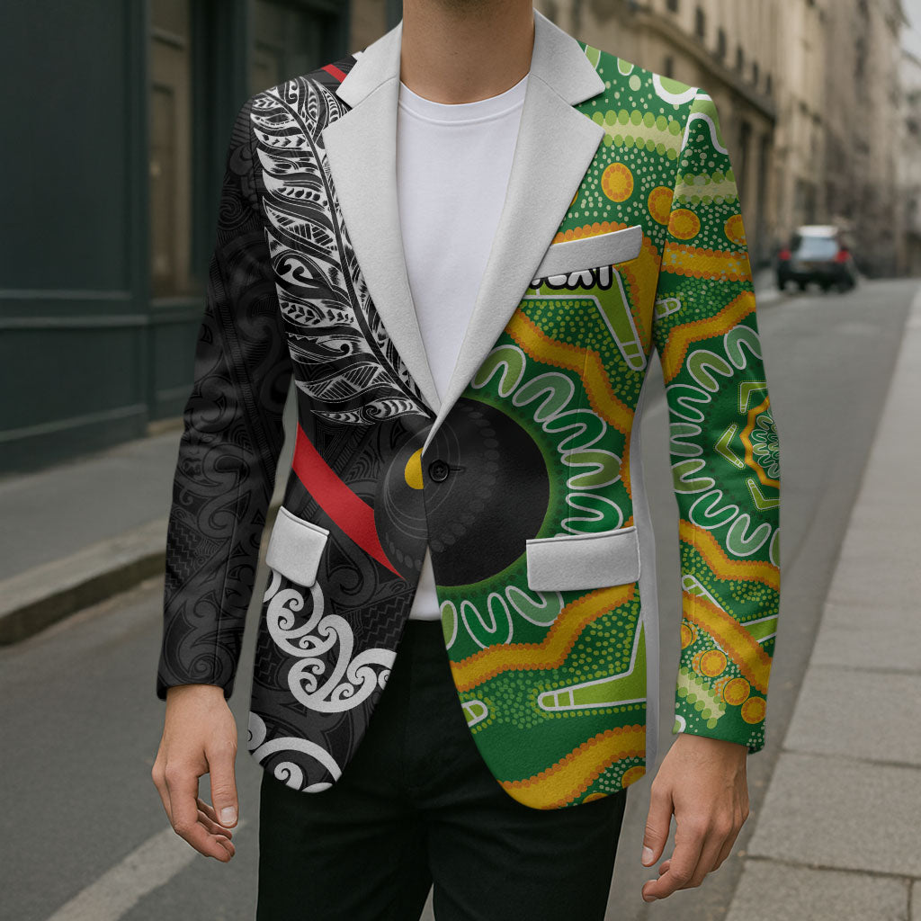 Personalised Aotearoa and Australia Lawn Bowls Blazer Maori Fern and Aboriginal Pattern