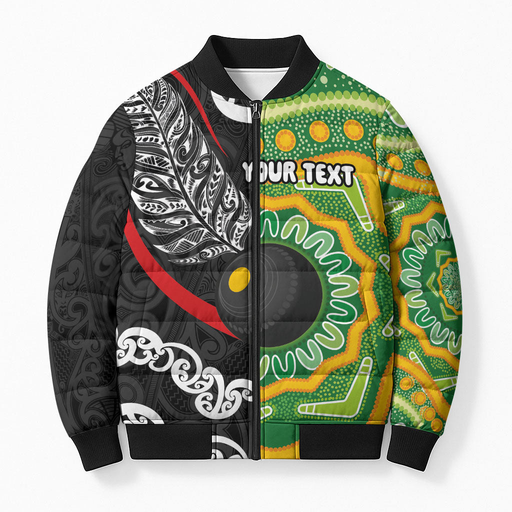 Personalised Aotearoa and Australia Lawn Bowls Bomber Puffer Jacket Maori Fern and Aboriginal Pattern