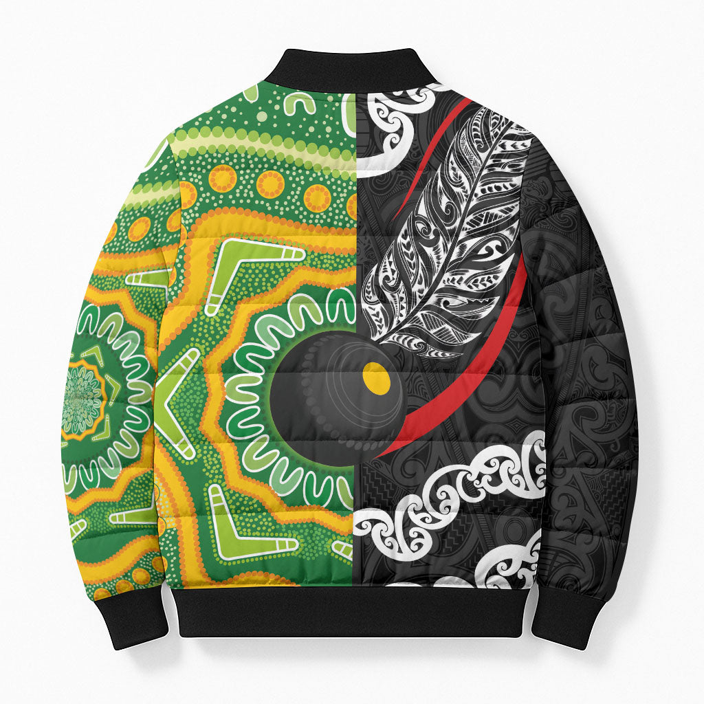 Personalised Aotearoa and Australia Lawn Bowls Bomber Puffer Jacket Maori Fern and Aboriginal Pattern