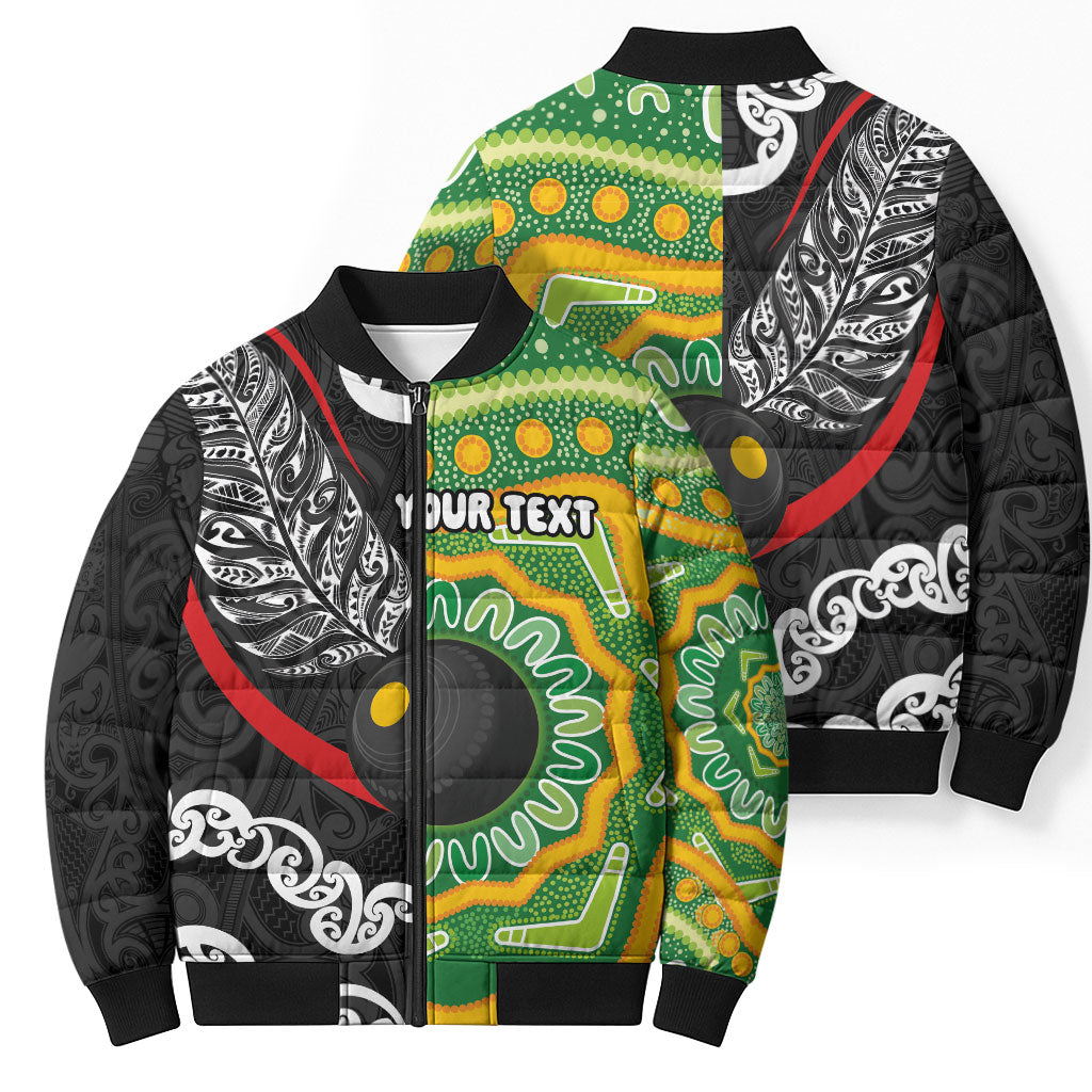 Personalised Aotearoa and Australia Lawn Bowls Bomber Puffer Jacket Maori Fern and Aboriginal Pattern
