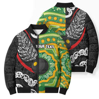 Personalised Aotearoa and Australia Lawn Bowls Bomber Puffer Jacket Maori Fern and Aboriginal Pattern