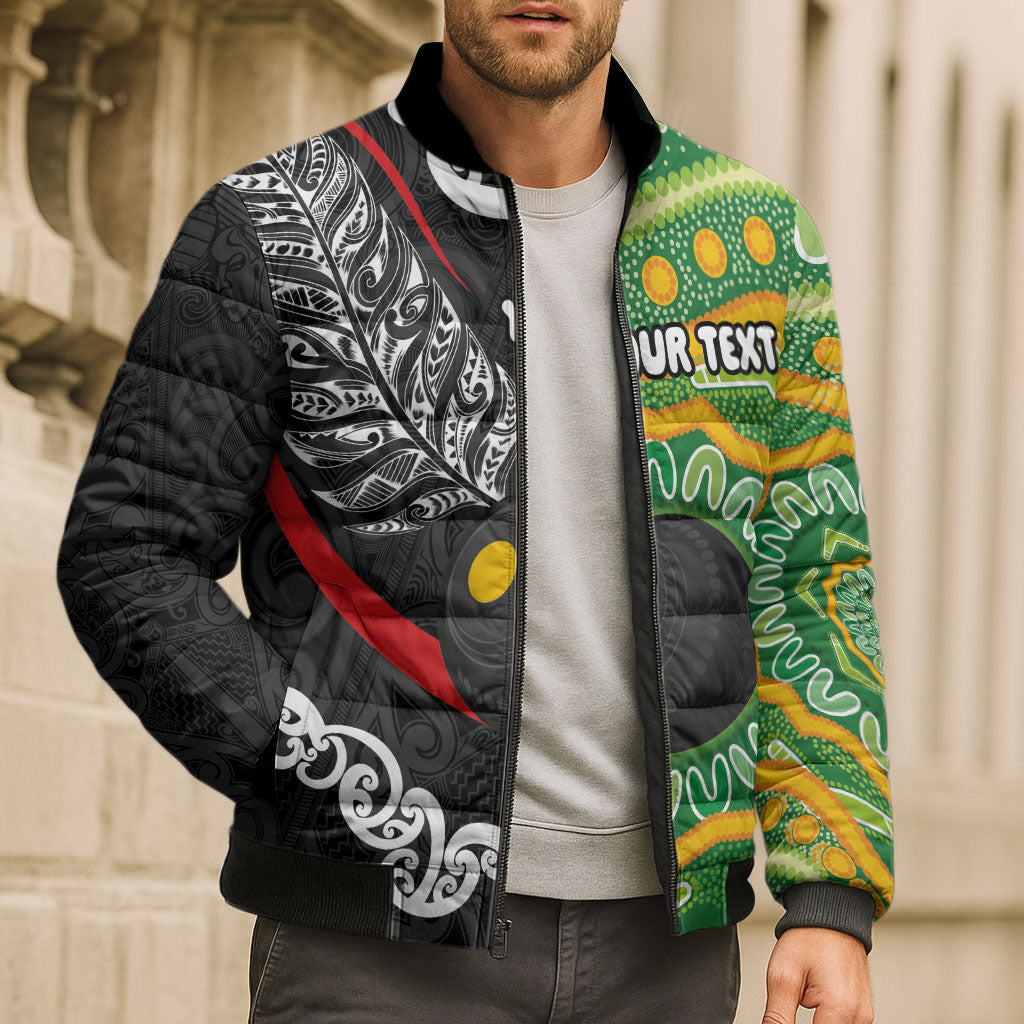 Personalised Aotearoa and Australia Lawn Bowls Bomber Puffer Jacket Maori Fern and Aboriginal Pattern