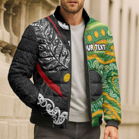 Personalised Aotearoa and Australia Lawn Bowls Bomber Puffer Jacket Maori Fern and Aboriginal Pattern