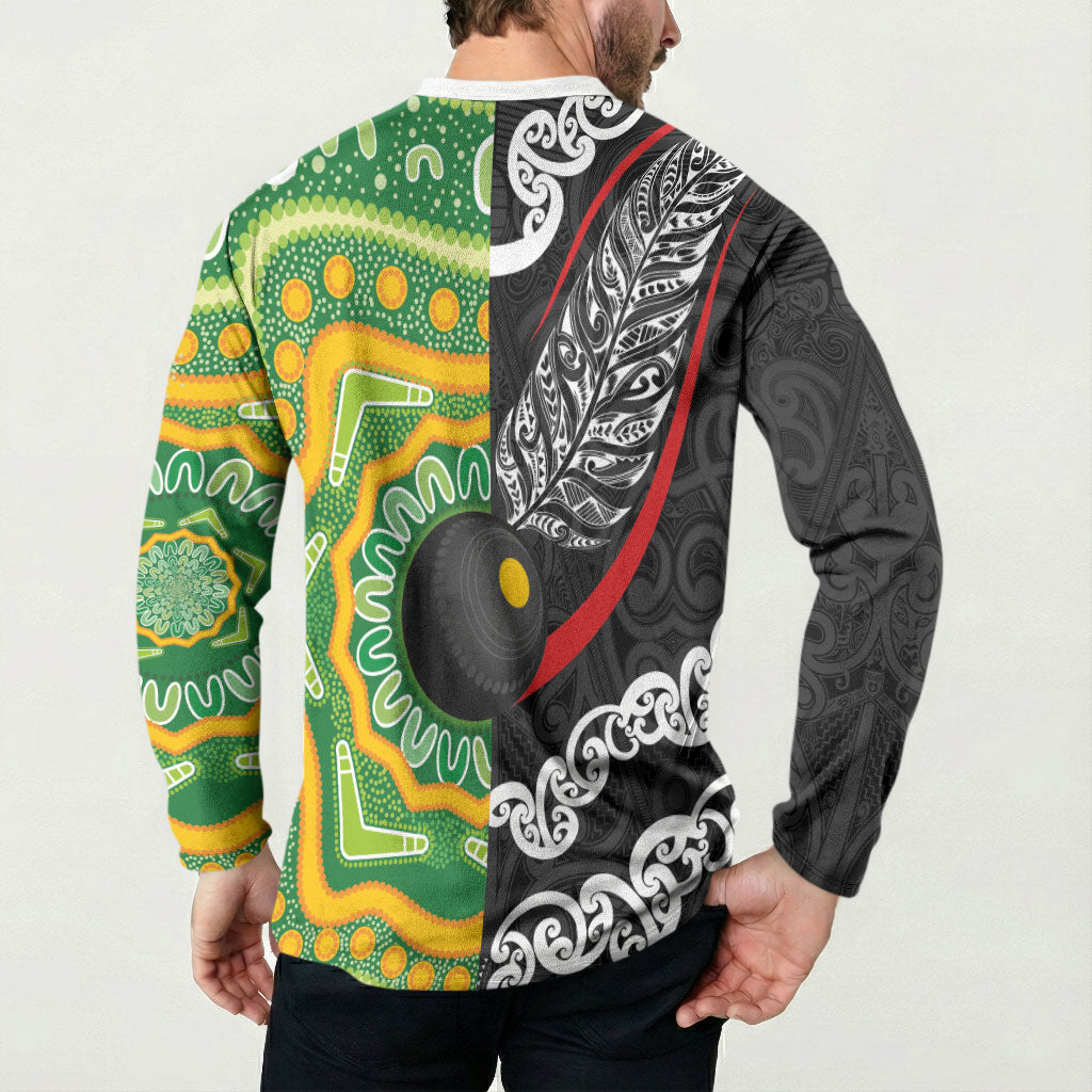 Personalised Aotearoa and Australia Lawn Bowls Button Sweatshirt Maori Fern and Aboriginal Pattern LT03 - Polynesian Pride