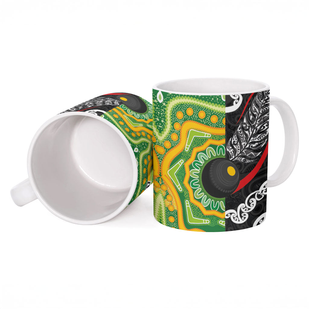 Personalised Aotearoa and Australia Lawn Bowls Ceramic Mug Maori Fern and Aboriginal Pattern LT03 - Polynesian Pride