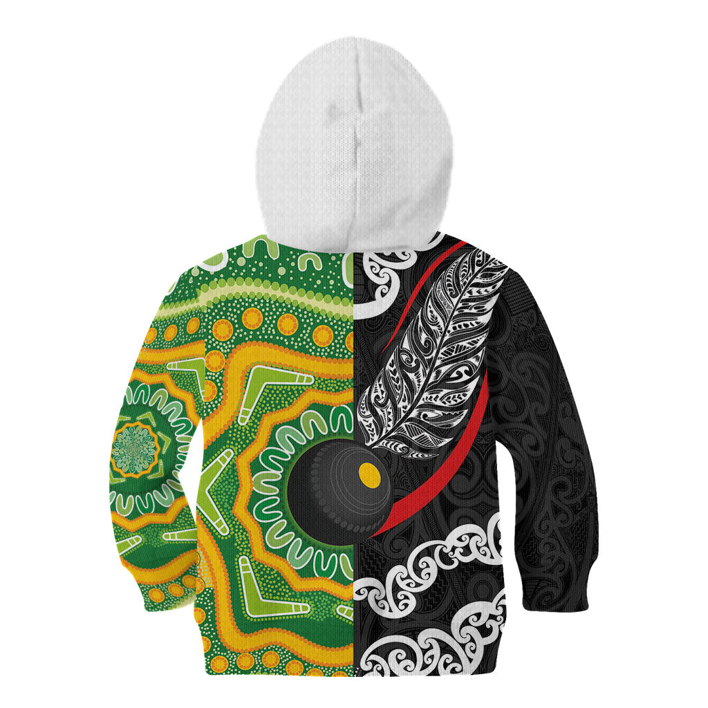 Personalised Aotearoa and Australia Lawn Bowls Kid Hoodie Maori Fern and Aboriginal Pattern LT03 - Polynesian Pride