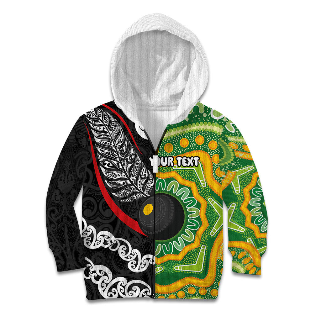 Personalised Aotearoa and Australia Lawn Bowls Kid Hoodie Maori Fern and Aboriginal Pattern LT03 Zip Hoodie Multicolor - Polynesian Pride