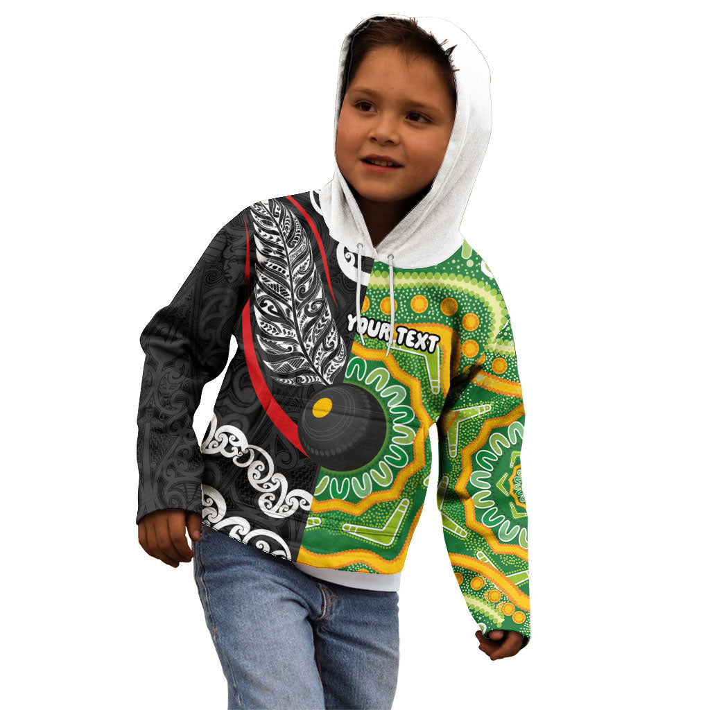 Personalised Aotearoa and Australia Lawn Bowls Kid Hoodie Maori Fern and Aboriginal Pattern LT03 - Polynesian Pride