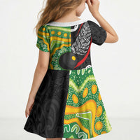 Personalised Aotearoa and Australia Lawn Bowls Kid Short Sleeve Dress Maori Fern and Aboriginal Pattern LT03 - Polynesian Pride