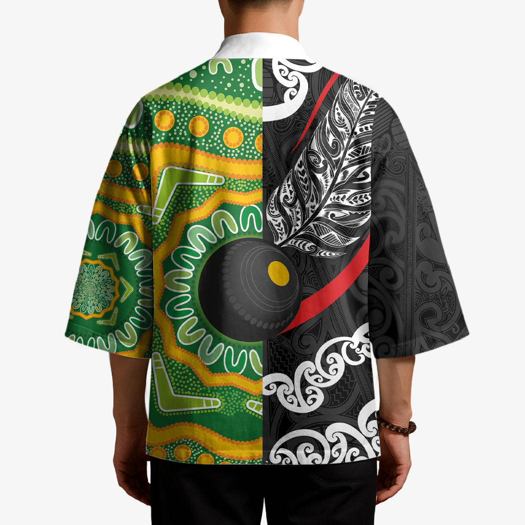 Personalised Aotearoa and Australia Lawn Bowls Kimono Maori Fern and Aboriginal Pattern LT03 - Polynesian Pride