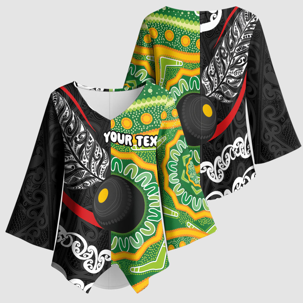 Personalised Aotearoa and Australia Lawn Bowls Kimono Sleeve Blouse Maori Fern and Aboriginal Pattern LT03 - Polynesian Pride