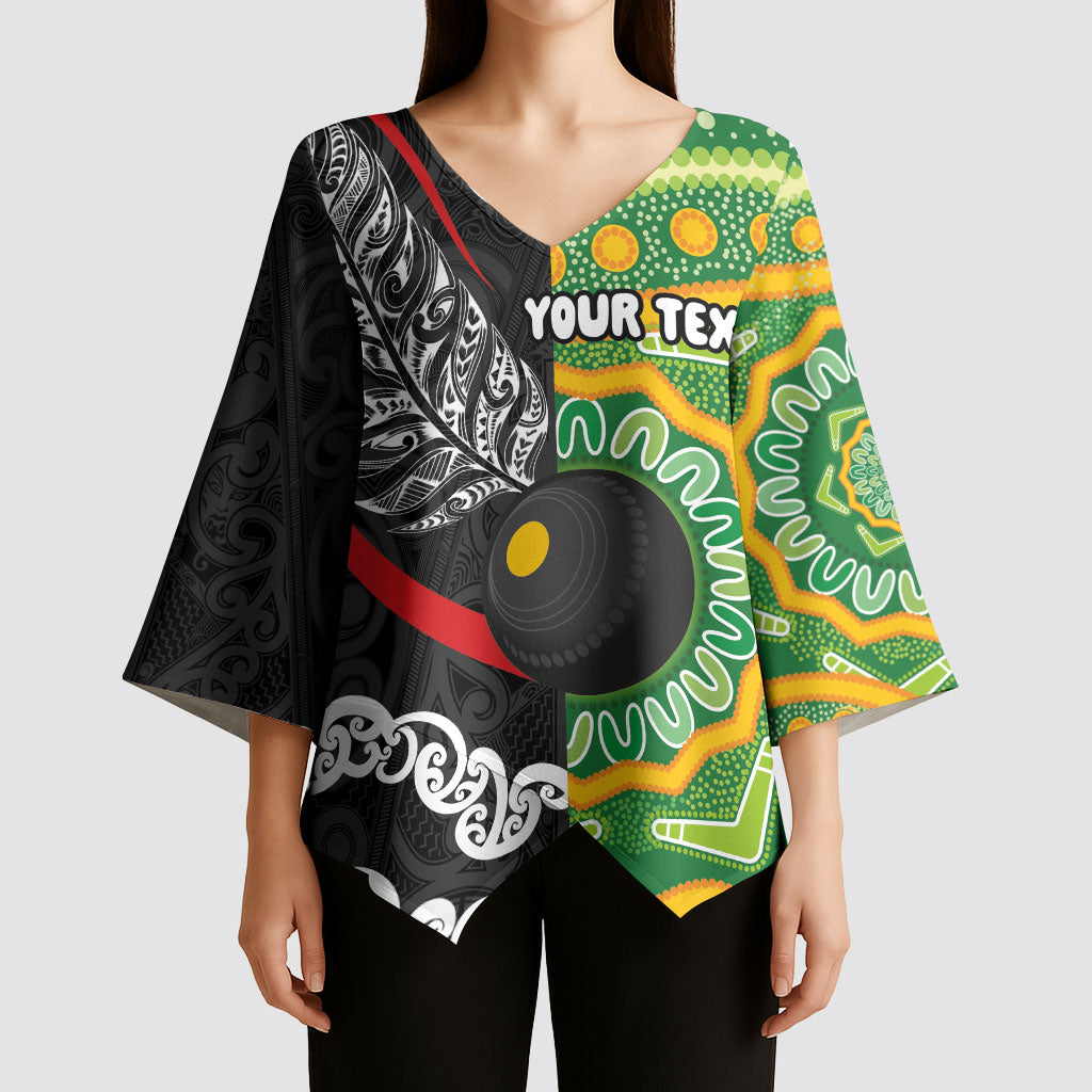 Personalised Aotearoa and Australia Lawn Bowls Kimono Sleeve Blouse Maori Fern and Aboriginal Pattern LT03 - Polynesian Pride