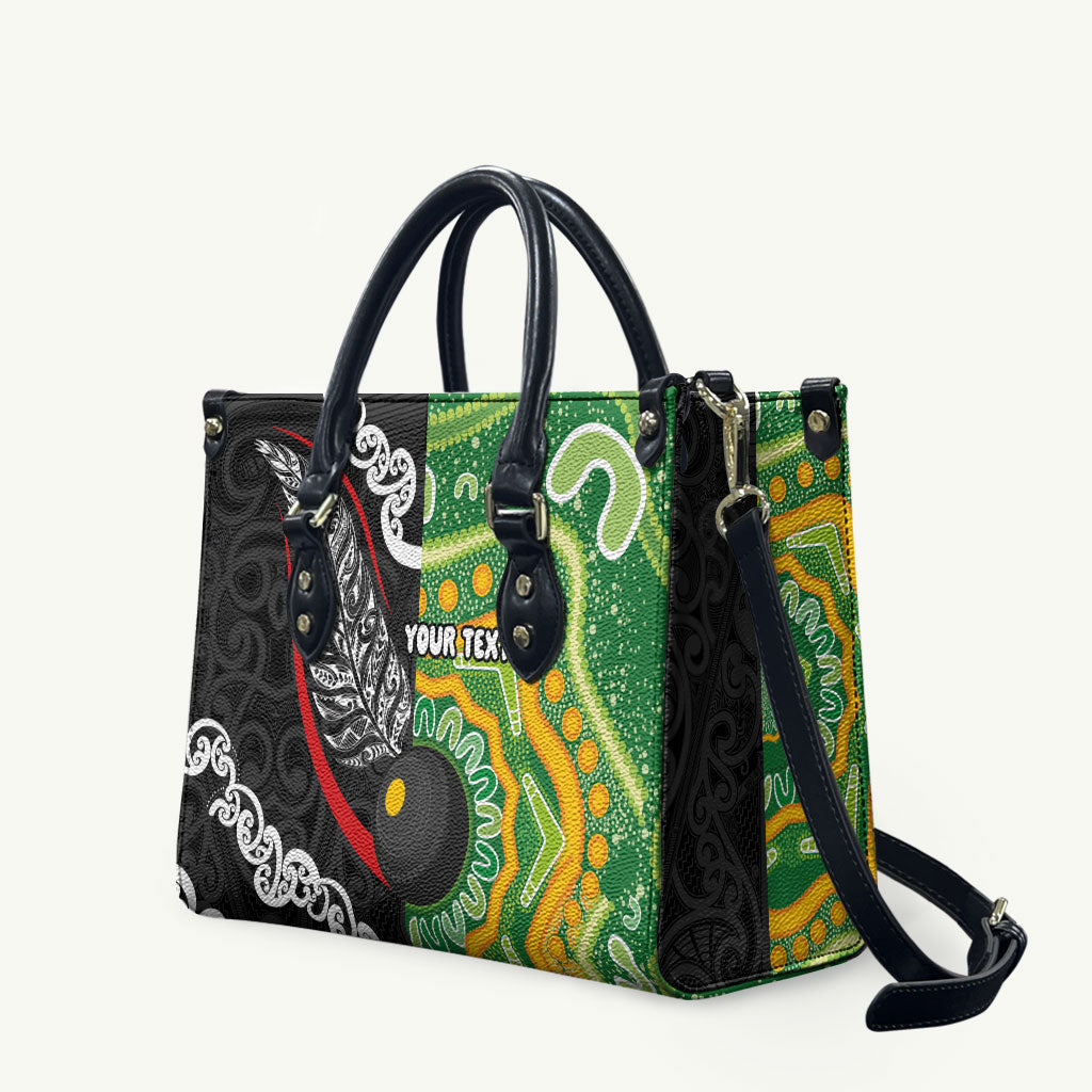 Personalised Aotearoa and Australia Lawn Bowls Leather Bag Maori Fern and Aboriginal Pattern