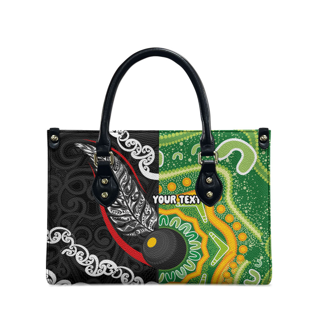 Personalised Aotearoa and Australia Lawn Bowls Leather Bag Maori Fern and Aboriginal Pattern