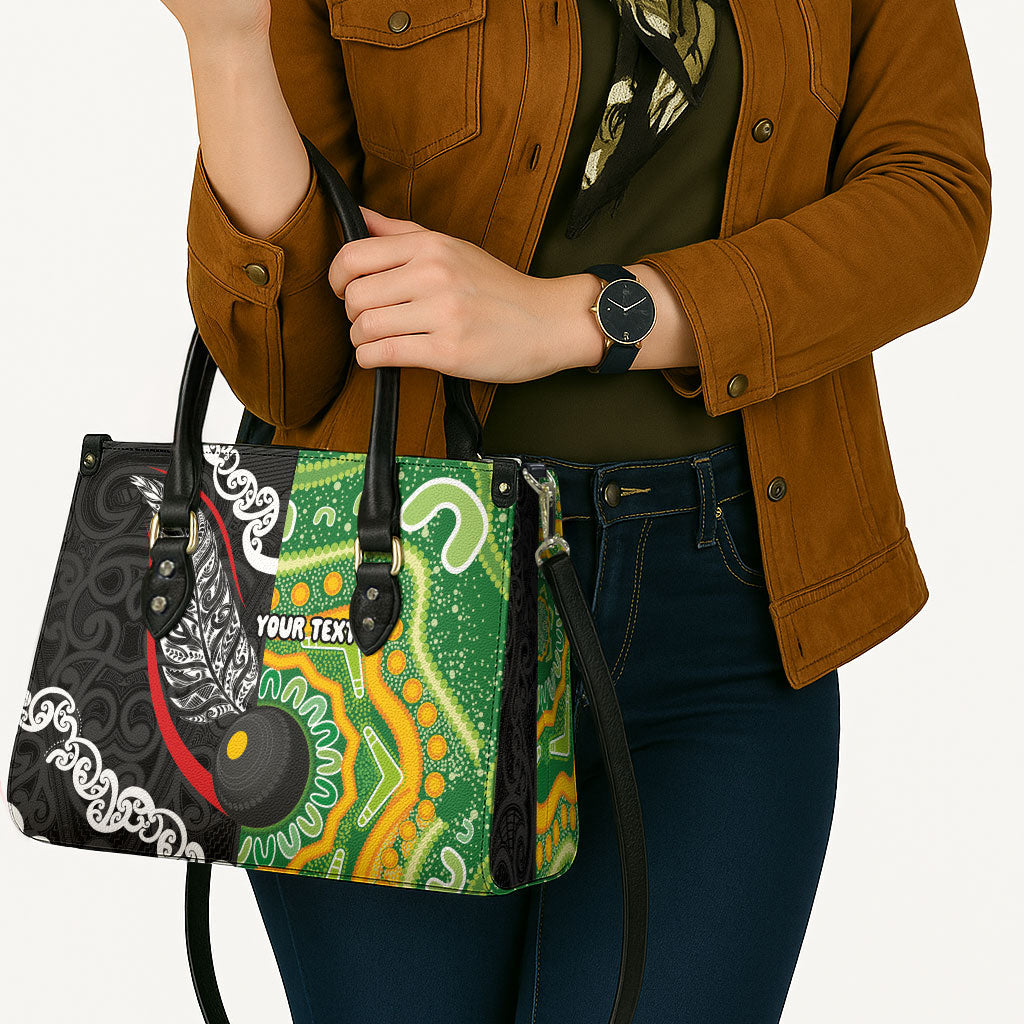 Personalised Aotearoa and Australia Lawn Bowls Leather Bag Maori Fern and Aboriginal Pattern