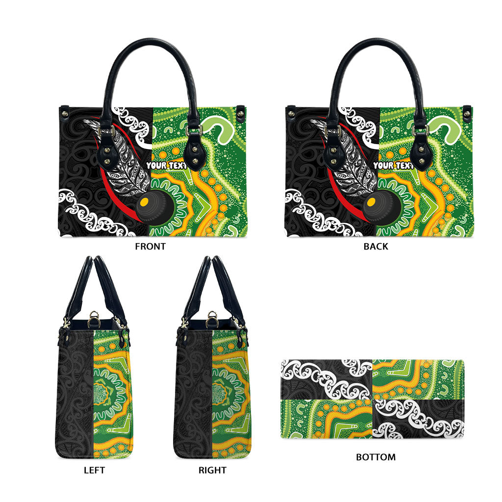 Personalised Aotearoa and Australia Lawn Bowls Leather Bag Maori Fern and Aboriginal Pattern