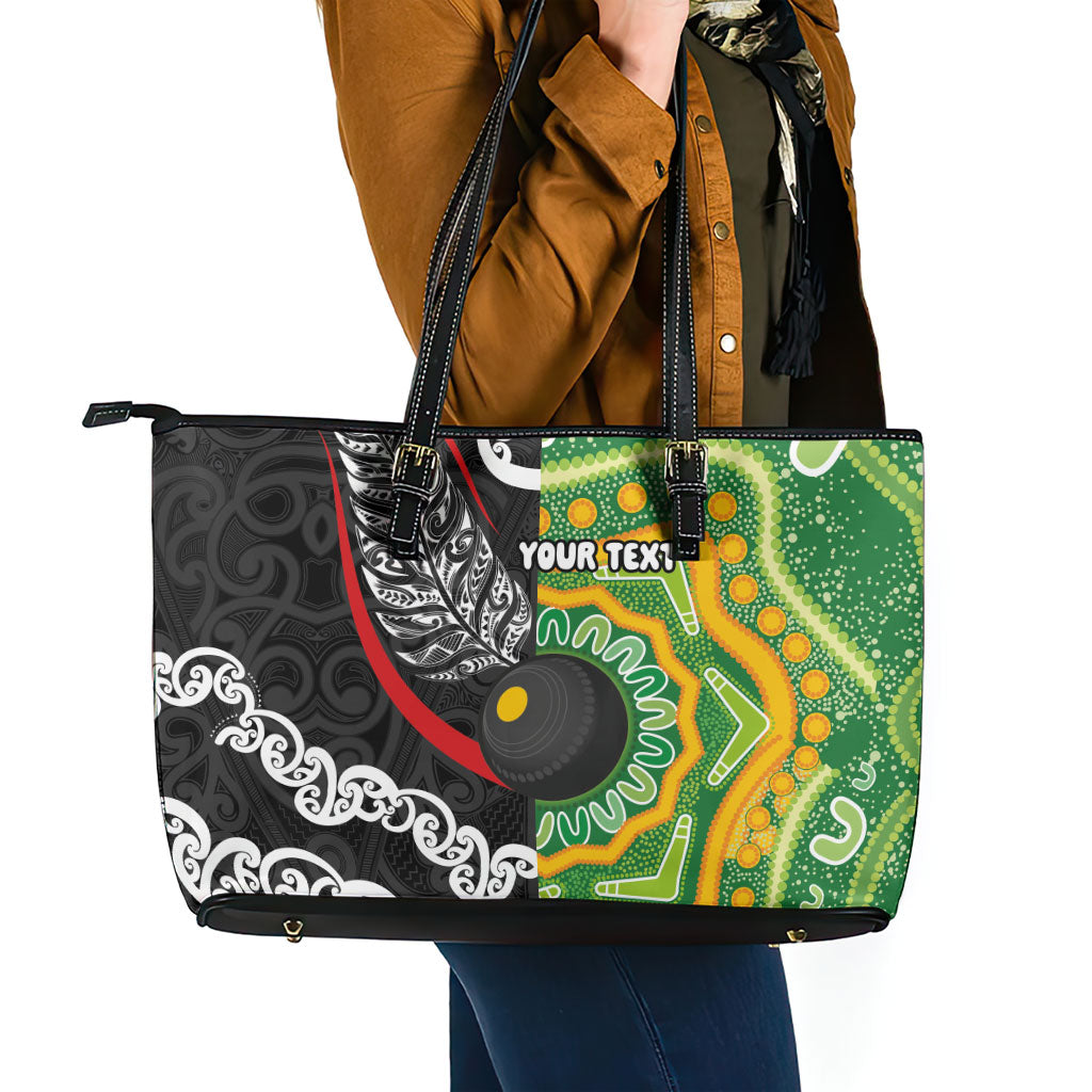 Personalised Aotearoa and Australia Lawn Bowls Leather Tote Bag Maori Fern and Aboriginal Pattern LT03 - Polynesian Pride