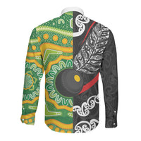 Personalised Aotearoa and Australia Lawn Bowls Long Sleeve Button Shirt Maori Fern and Aboriginal Pattern